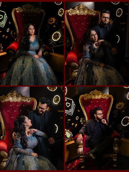 A collection of portraits from a casino-themed Sangeet on a cruise. This grid shows the fun and playful side of the couple, as they pose on throne-like chairs and enjoy the unique ambiance.