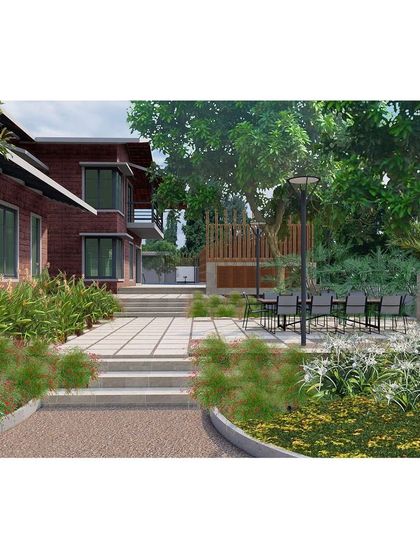 A rendering of a proposed outdoor patio and dining area for a private residence. The design uses clean lines and natural materials to create a functional and elegant space for entertaining, surrounded by lush, layered plantings.