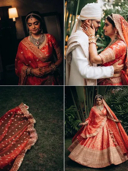 A collage of moments from Parth and Dhriti's wedding, showing details of the bride's outfit, an intimate couple portrait, and beautiful solo shots.