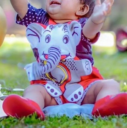 A fun and playful setup for a milestone photoshoot, featuring a baby boy in a cute elephant-themed outfit sitting on the grass.