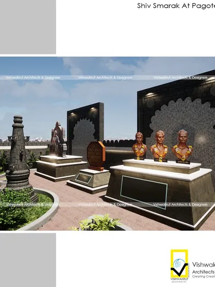 Another view of the memorial's layout, showing the arrangement of the central statues and pedestals. The design ensures each element has its own space while contributing to a cohesive whole.