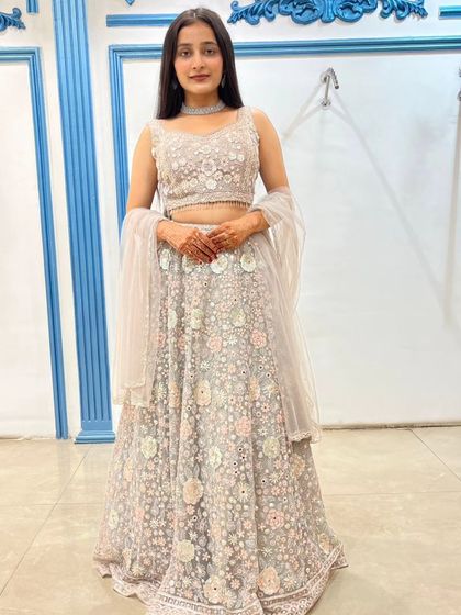 A full view of the grey floral lehenga, showing its delicate and dreamy aesthetic.