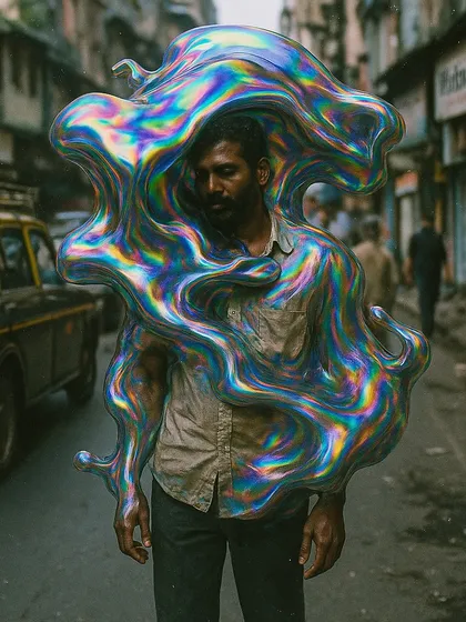 A man on a city street is enveloped by a swirling, iridescent, liquid-like form. This is a more abstract and visually experimental piece from the 'Riyal Life' series.