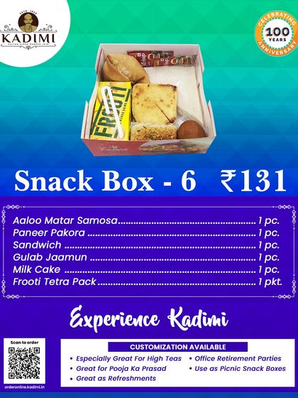 Our Snack Box 6 is a hearty option, featuring an Aloo Matar Samosa, Paneer Pakora, Sandwich, Gulab Jamun, Milk Cake, and a Frooti.