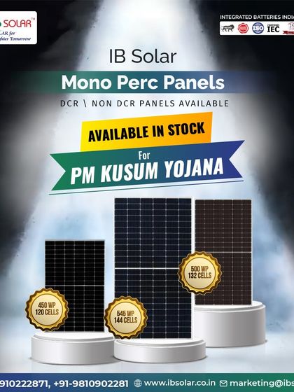 Our Mono PERC panels are available in stock and are ideal for PM-KUSUM Yojana projects. We offer a range of wattages, including 450Wp, 545Wp, and 500Wp, to meet the specific needs of agricultural solar installations across the country.