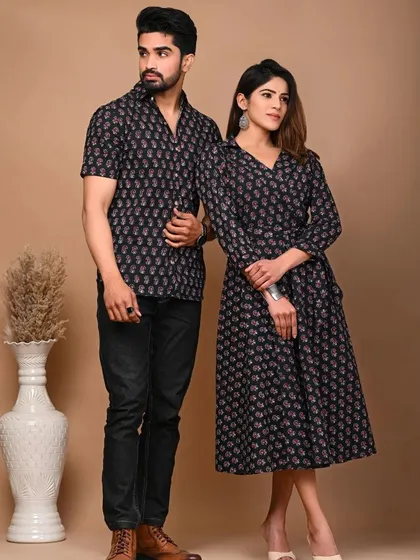 A black floral printed couple set, offering a classic and elegant coordinated look.