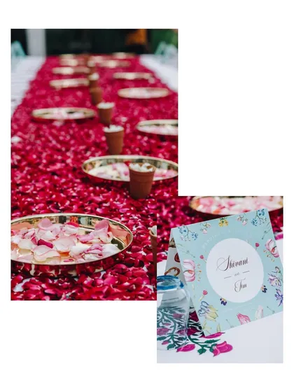 Details from an intimate wedding lunch, with a table runner made entirely of fresh rose petals. It's these thoughtful touches that elevate the experience.
