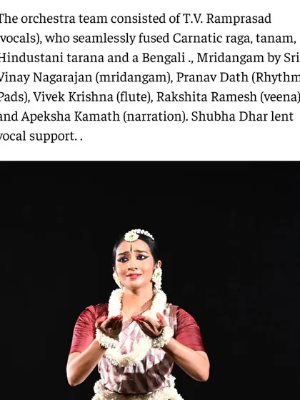 A snippet from a review of "Sharad" in The Hindu, mentioning the incredible orchestra team that seamlessly fused Carnatic, Hindustani, and Bengali musical influences.