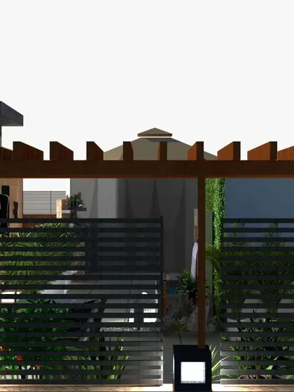 A glimpse of a terrace project under construction, designed for festive gatherings. The layout includes a wooden pergola and slatted screens for privacy, with careful placement of lighting to create a warm, celebratory mood.