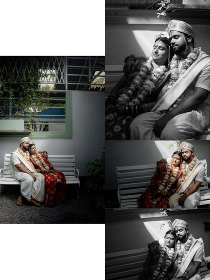 A collage of a couple posing on a white bench. The interplay of sunlight and shadow, captured in both color and black and white, adds a dramatic and artistic feel.