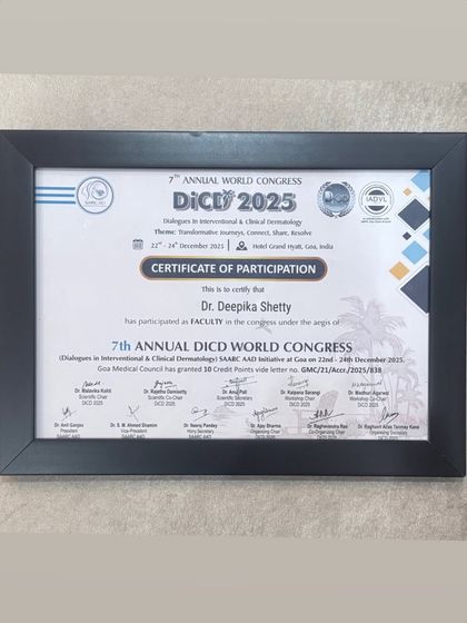 My certificate of participation as faculty at the 7th Annual DICD World Congress. Continuous learning and contributing to the global dialogue in dermatology is a core part of my professional life.