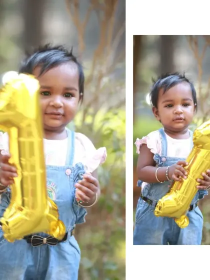 A classic first birthday portrait with a number '1' balloon. This is a simple yet adorable way to mark this important milestone during an outdoor photoshoot.