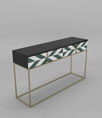 This angle highlights the clean lines of the gold-finished metal frame and the repeating chevron pattern on the three spacious drawers.