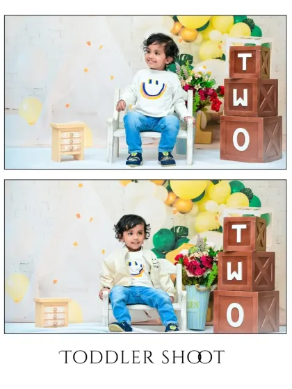 A two-photo collage from a toddler shoot, showcasing different outfits and the "TWO" milestone blocks. This demonstrates the variety I can capture within a single birthday session.