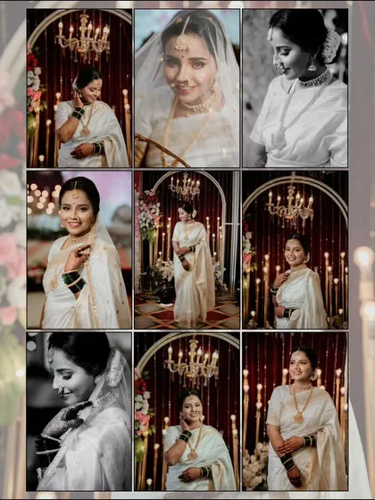 A beautiful collection of portraits of the bride against an elegant, warmly lit backdrop. This collage shows the variety of shots we can capture in a single setting, including both color and black and white.