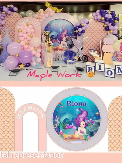 From digital concept to reality. This image shows our design mock-up next to the final 'Under the Sea' mermaid-themed birthday party for Riona, showcasing how we bring our clients' visions to life.