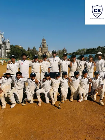 The U-14 team posing for a photo at Azad Maidan after a significant win. The historic backdrop of Mumbai cricket makes these victories even more special.