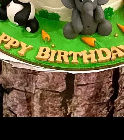 The base of the cake, showing the 'Happy Birthday' message and its placement on a realistic-looking tree stump plinth.