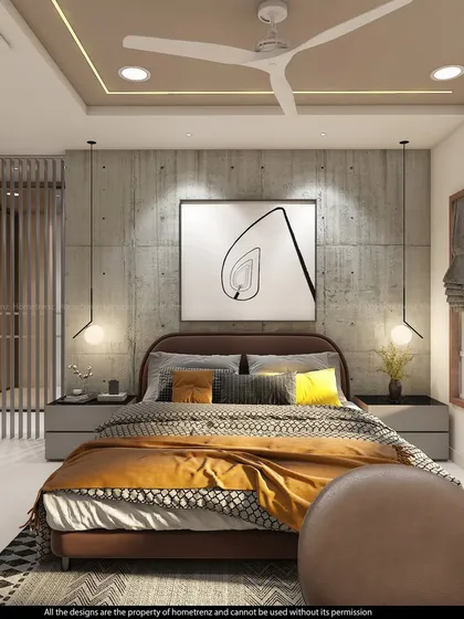 The use of a warm color palette and varied textures, including a concrete-finish wall, makes this bedroom feel cozy and modern.