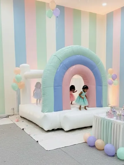 My pastel rainbow arch bouncer set up indoors for a toddler's birthday. This is a popular choice for themed parties and creates great photo opportunities.