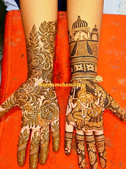 A beautiful example of how we can do two different styles for your big day. On one hand, there is a lovely portrait of Radha and Krishna on a jhula, and on the other, a full, dense floral pattern. This kind of bridal mehandi shows we can mix and match to tell your unique story.