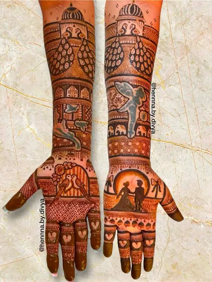This engagement design is filled with romantic details. It includes a couple silhouette, love birds, and angels, along with traditional peacock and palace motifs for a royal touch.