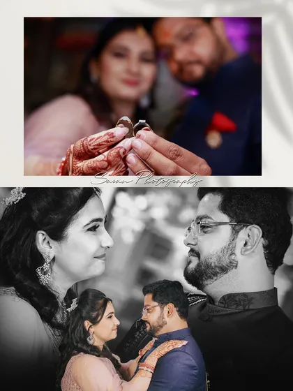 A collage capturing the essence of an engagement, with a close-up of the rings and romantic black and white portraits of the couple.