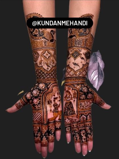 A proposal scene etched in henna. This design shows the groom proposing to the bride, a unique and personal moment to include in your bridal mehndi. The dark, rich stain makes the figures stand out.