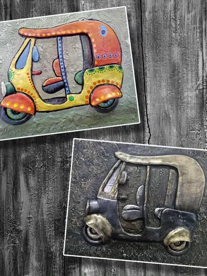 More examples of auto-rickshaw relief art, showing different color schemes and finishes, from colorful and quirky to a classic bronze look.