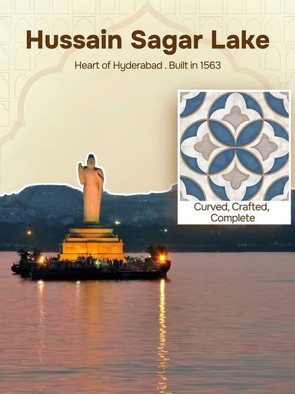 This tile captures the feeling of Hussain Sagar Lake at twilight. The curved, crafted pattern in shades of blue and grey reflects the calm and completeness of Hyderabad's heart-shaped lake.