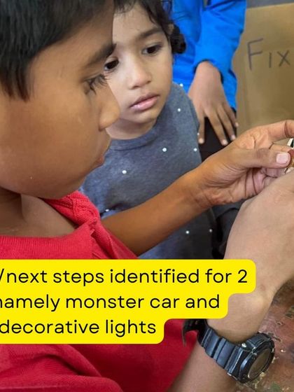 Even when a full repair is not possible, we identify the next steps. Here, kids learn about solutions for a broken monster car and decorative lights.