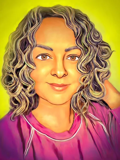 The digital portrait of Debi with a bright yellow background, emphasizing the warm tones in the painting.