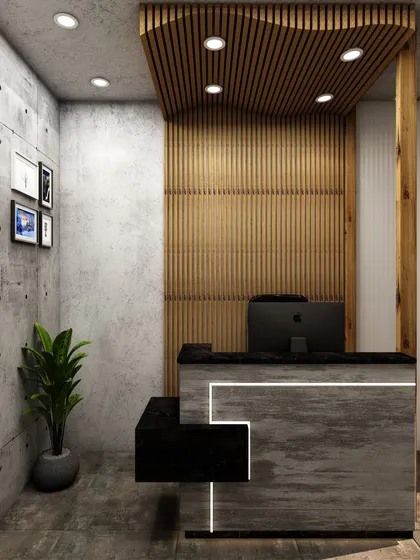 First impressions are critical. This 3D render of a reception desk combines industrial concrete textures with warm wood slats and subtle LED lighting to create a professional and welcoming entrance for any business.