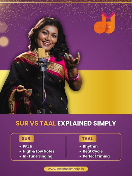 'Sur' (pitch) and 'Taal' (rhythm) are the two pillars of Indian music. This graphic simply explains the difference. Mastering both is essential, and I teach you how to feel this balance so your singing is not just emotional, but also technically correct.
