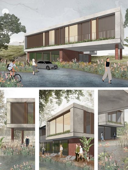 A concept collage for an upcoming peri-urban retreat in Khalapur. This 6,500 sq ft clubhouse is designed to intertwine seamlessly with the surrounding landscape, blurring the lines between the built and natural environment.