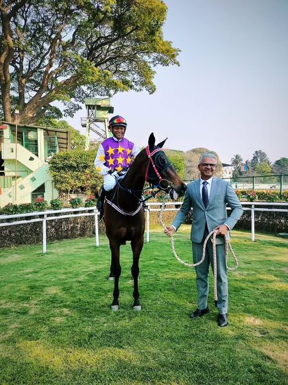 Finley, with jockey Suraj Narredu, after a strong victory in The P.V. Shetty Memorial Trophy.