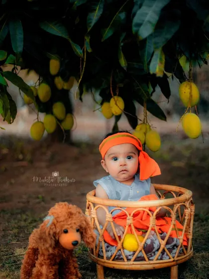 A little friend joins the photoshoot. The toy poodle adds an extra layer of cuteness to this outdoor mango farm session.