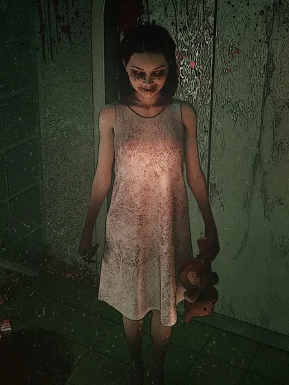 The ghost of a young girl holding her teddy bear in a blood-stained room. This piece explores more human-like horror, focusing on expression and environmental storytelling to create a tragic and creepy character.