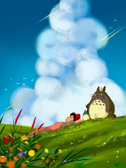 A closer look at my digital illustration of Kiki and Totoro. I focused on the soft texture of the grass and the dreamy quality of the clouds.