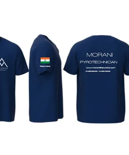 The digital mockup of the custom crew T-shirt, showing the design from all angles, including logos and the Indian flag.