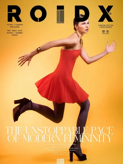 A cover for Roidx Magazine. This shot is about capturing the unstoppable pace of modern femininity. We used bold, saturated colors and a dynamic pose to create an image that feels energetic and powerful, proving that a simple studio setup can still pack a massive punch.