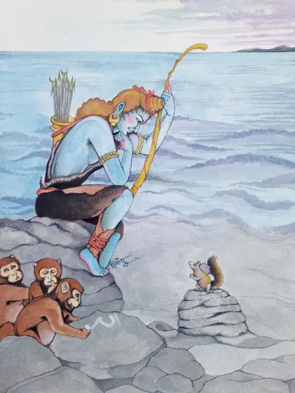 In "SETU," I explore a touching episode from the Ramayana. The artwork illustrates how Lord Rama acknowledges the humble efforts of a squirrel, bridging the gap between the mighty and the small. This piece reflects my focus on the philosophical and emotional depths within our epic tales.