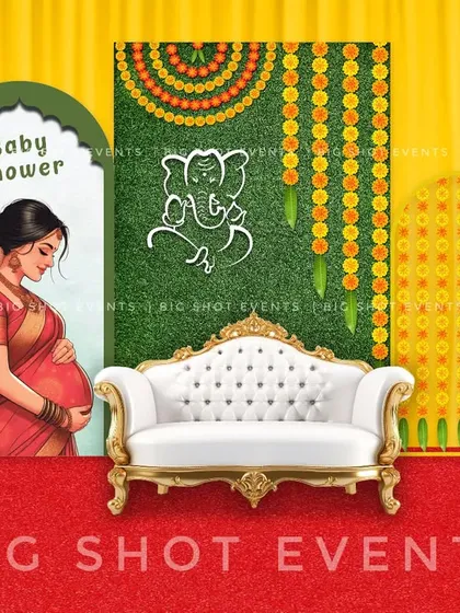 A digital preview of a traditional baby shower theme. The concept includes an ornate white sofa, a green backdrop with a Ganesha design, and a cutout illustrating a mother-to-be, blending sacred and celebratory elements.