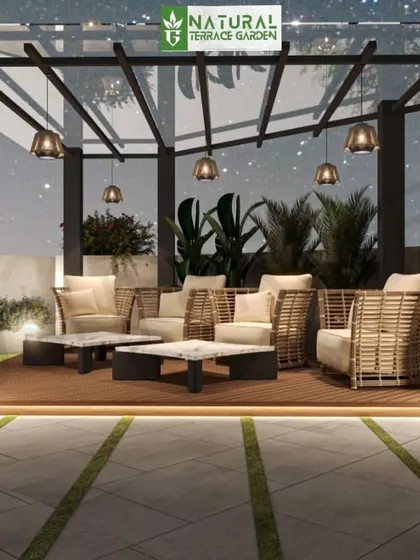 A close-up of the proposed pergola for the Gurgaon project, featuring a glass roof and elegant pendant lighting for a starry night effect.