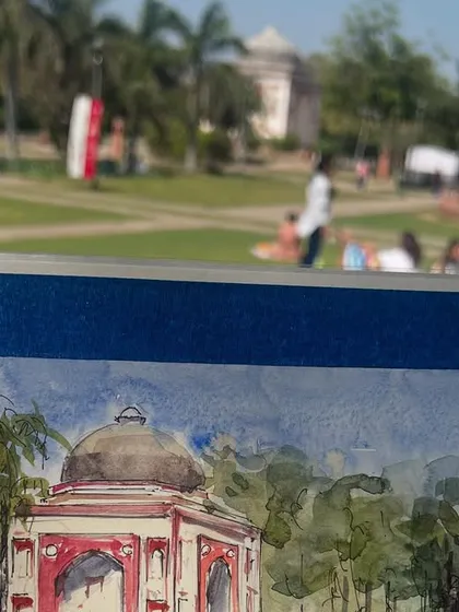 My sketchbook open to the Sunder Nursery painting, taped and ready for watercolor. The setting is just as inspiring as the subject.