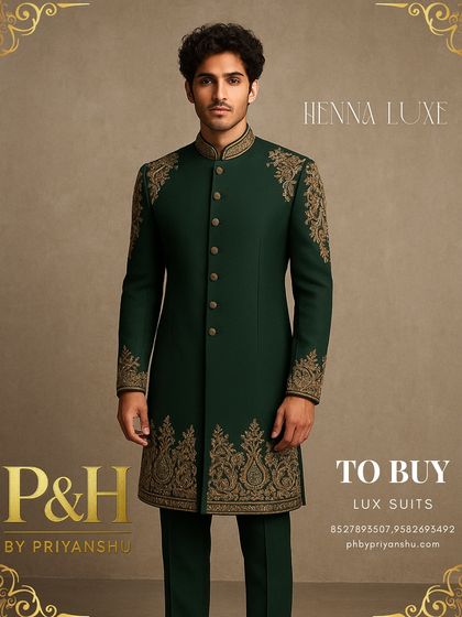 A portrait of the model wearing the green suit, exuding an aura of royal confidence.