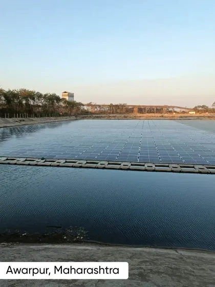 A floating solar plant in Awarpur, Maharashtra, for a client in the cement industry. This innovative solution utilizes water bodies to generate clean energy, saving land space for other industrial operations.