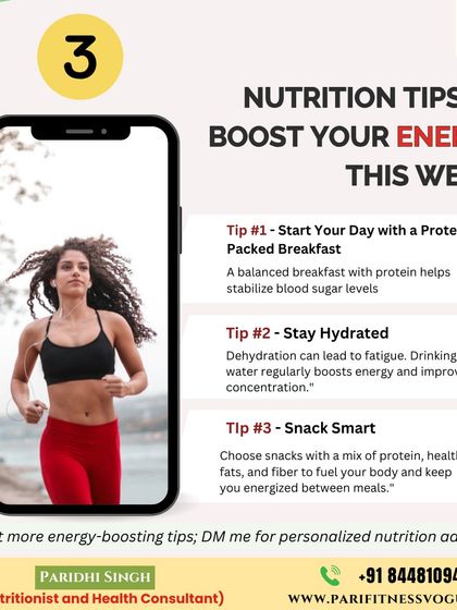 Here are three simple nutrition tips to boost your energy this week. Start with a protein-packed breakfast, stay hydrated throughout the day, and choose smart snacks with a mix of protein, healthy fats, and fiber.