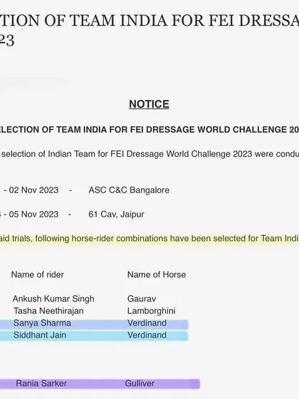 The official notice for the selection of Team India for the FEI Dressage World Challenge, featuring three of our academy's rider and horse combinations. This is proof of our program's success.