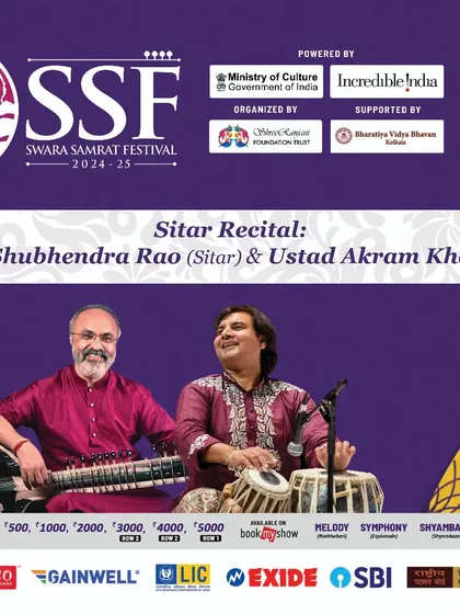 A poster for the Swara Samrat Festival, highlighting the sitar recital with Ustad Akram Khan.